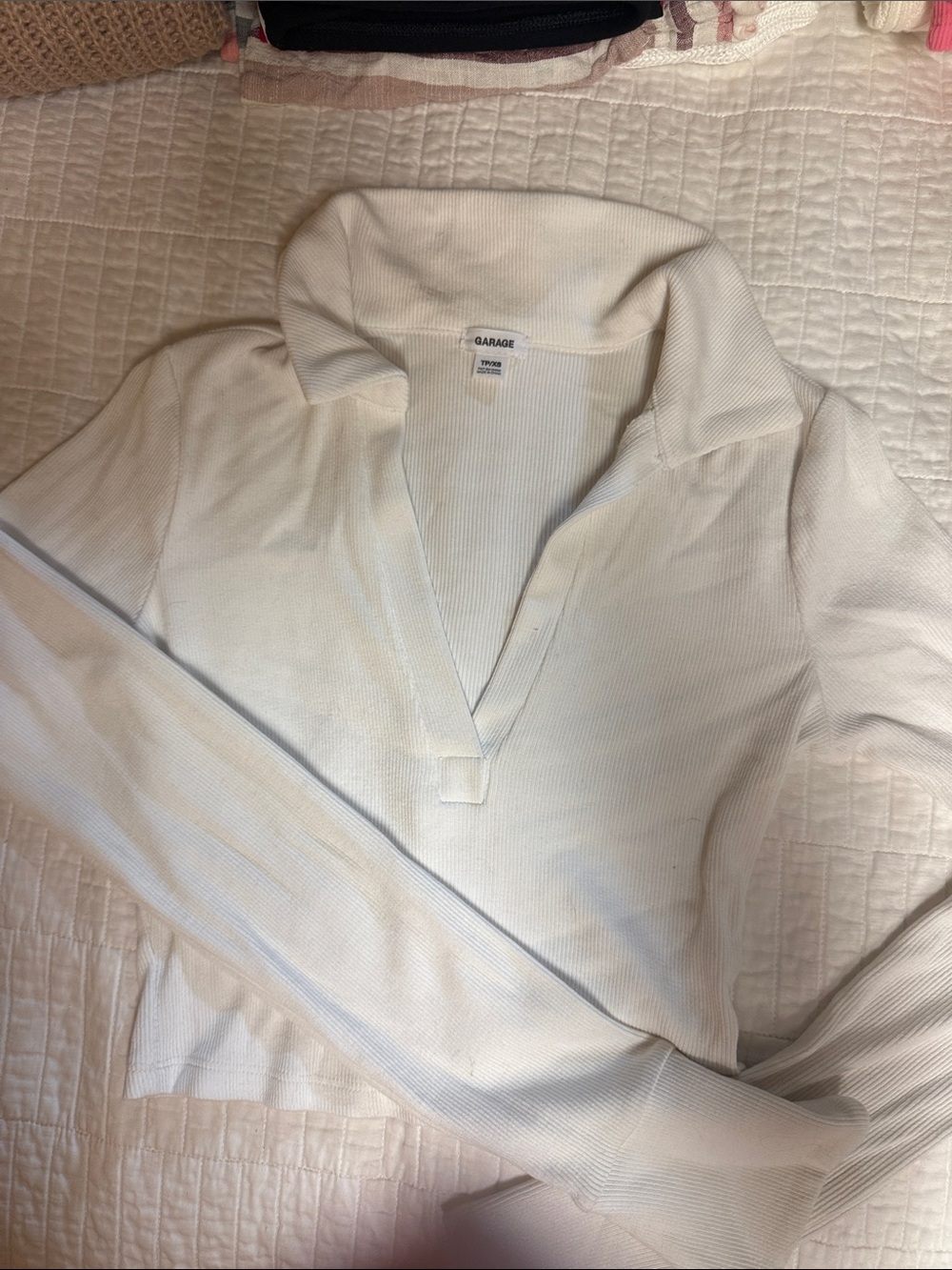 Garage Cream Ribbed Deep V Polo Top